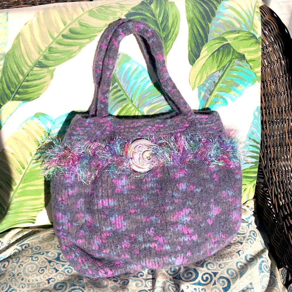 Knitted Felted Purse Shoulder Bag Boho Bohemian Blue/Lilac Medium